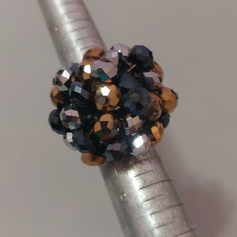Blue Gold Black.Metallic Disco Beads Cluster Stretch Ring